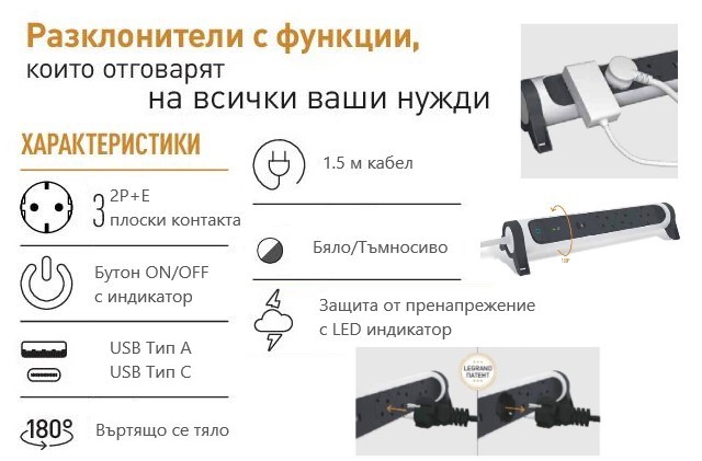 Legrand разклонител 5х2P+E premium кабел 1,5м черно/сиво USB 694510
