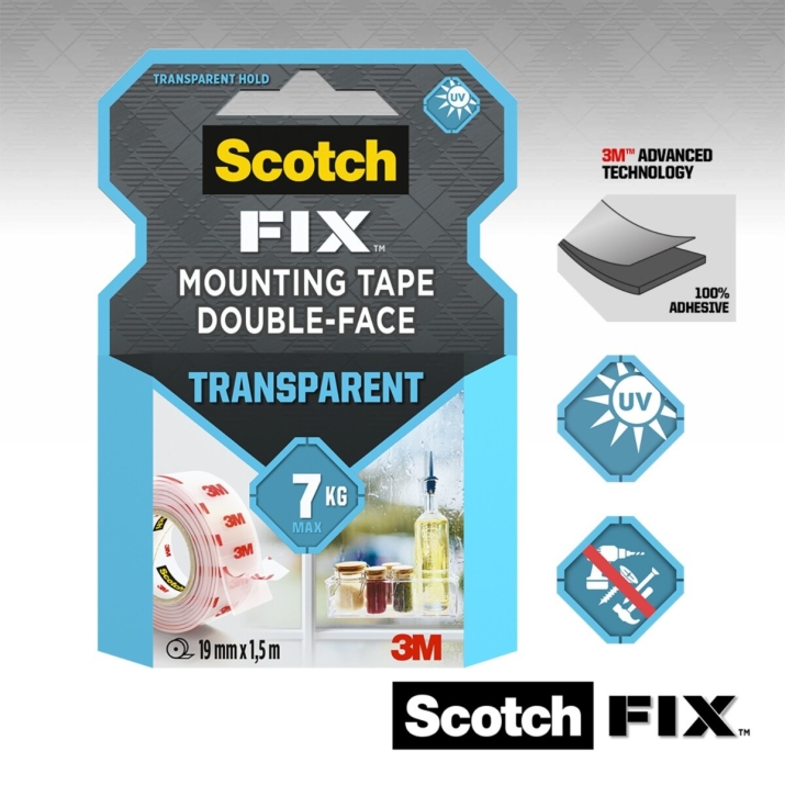 3М Scotch - FIX двойнолепяща монтажна лента прозрачна 19мм 1.5м